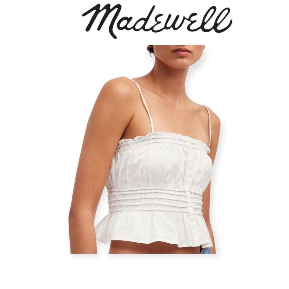 Madewell Smocked Button-Front Top in Eyelet White Poplin Organic Cotton Size M